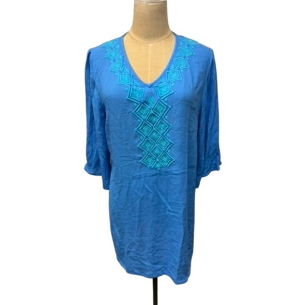 "Lilly Pulitzer" Target  Collab Blue Embroid V Neck 3/4 Sleeve Tunic Top M Beach